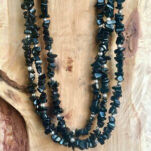 Handmade Multi strand Black Stone& Sterling Silver Necklace